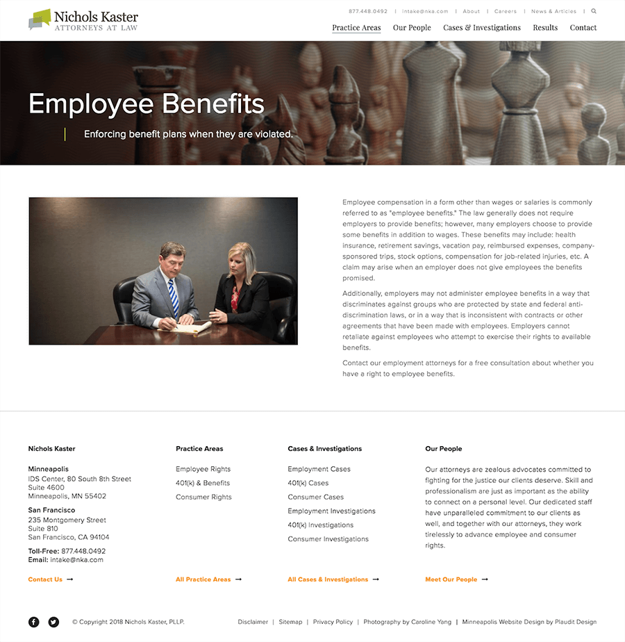 Screenshot of employee benefits page on Nichols Kaster website.