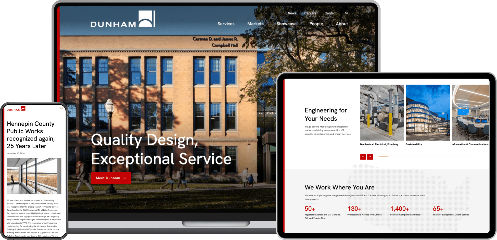 Responsive website mockup showing the Dunham engineering firm homepage displayed on a desktop, tablet, and mobile device, featuring a building exterior, engineering services, and company highlights.