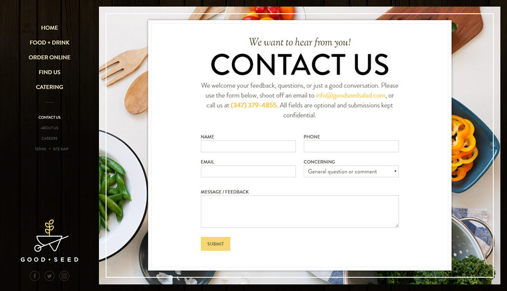 Web design of Contact Us page