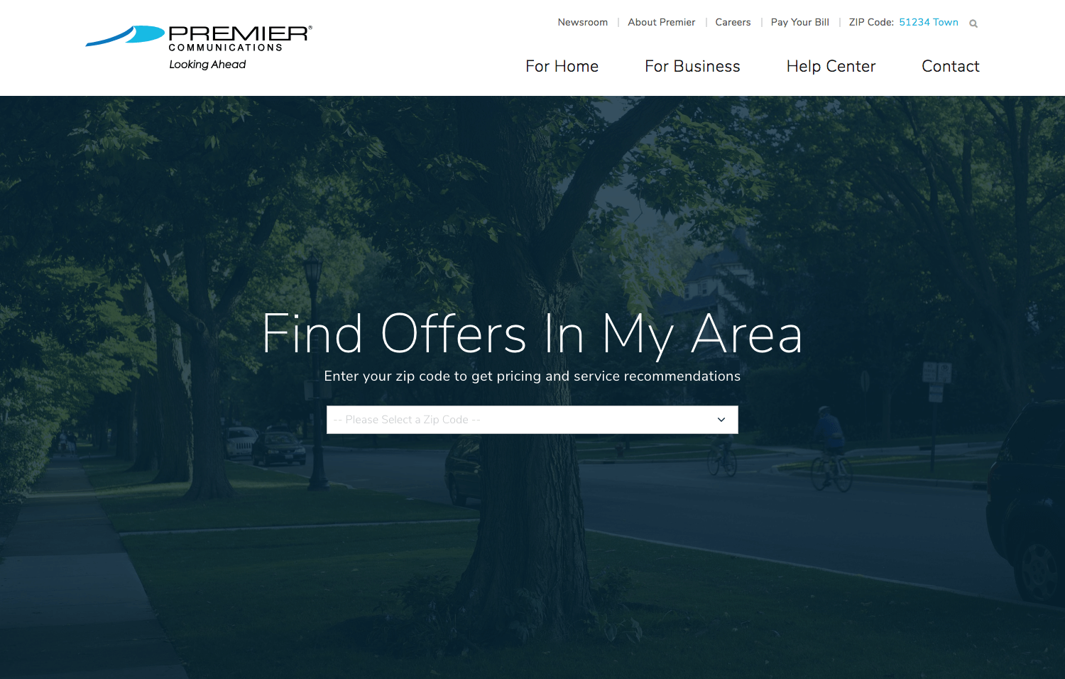 Premier Communications Website: Zip Code Selection View