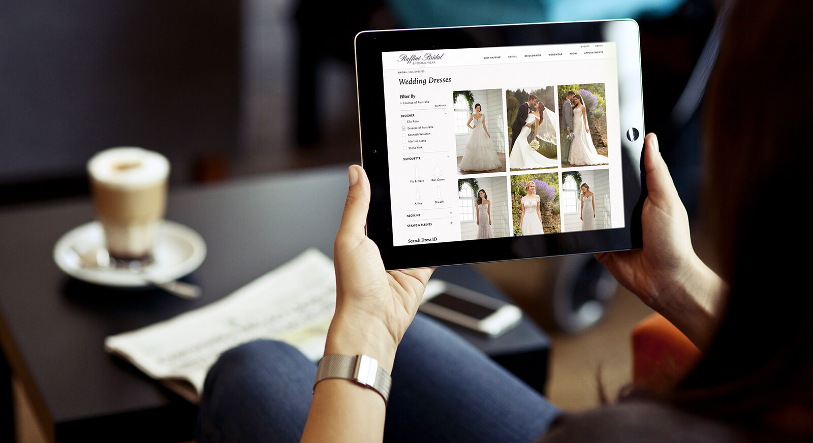 Tablet showing design of Raffine Bridal's website