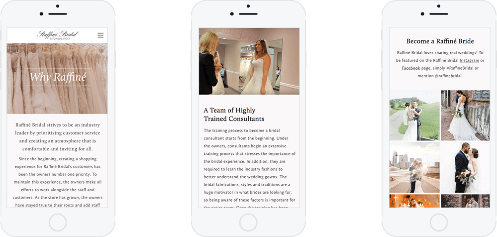 Raffine Bridal's website mocked up on mobile phones