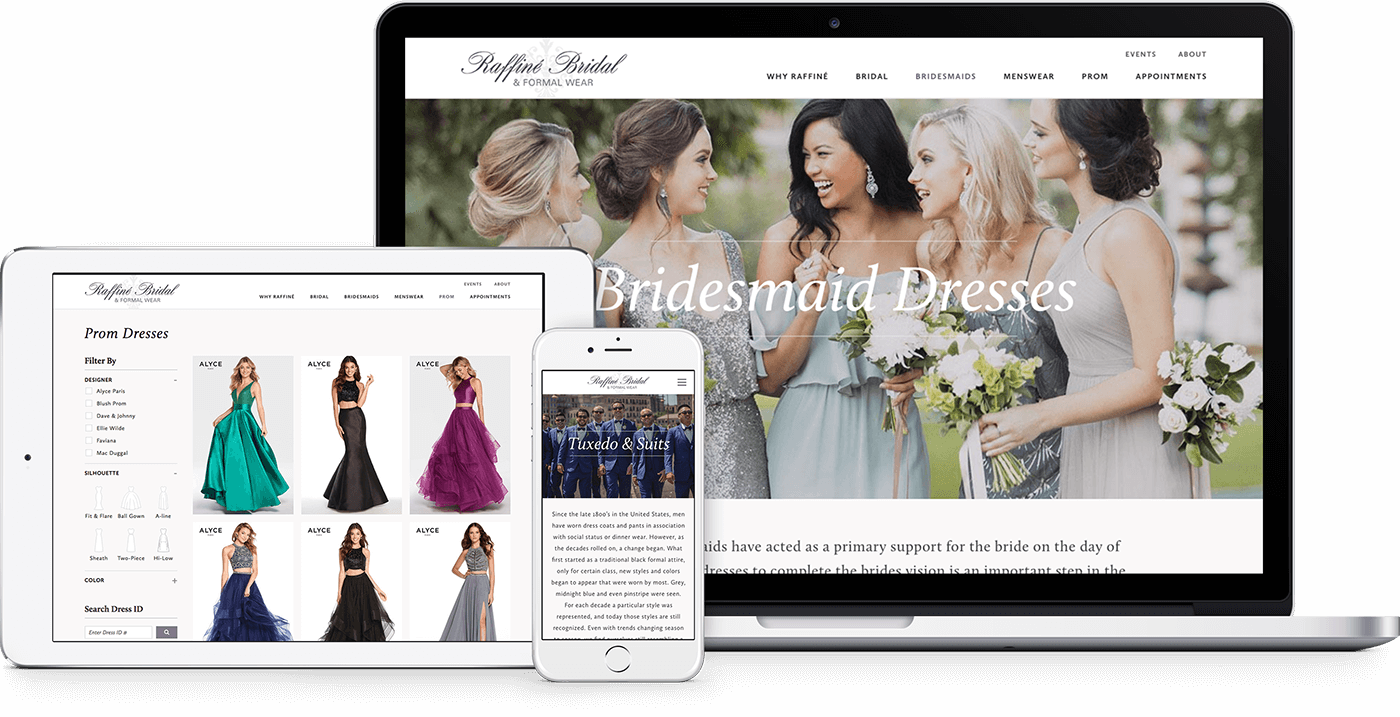 Raffine Bridal's responsive website on a phone, tablet, and desktop monitor