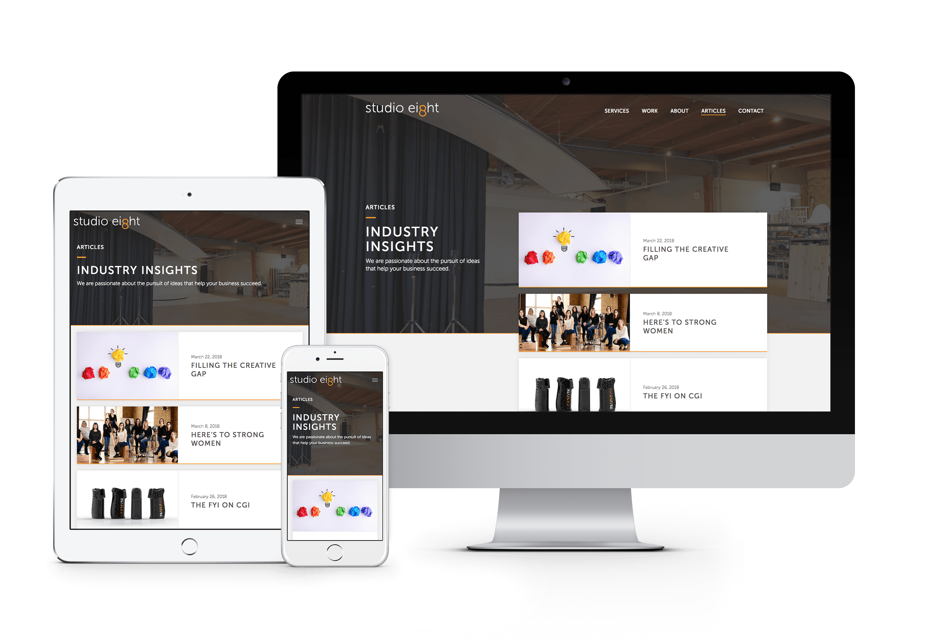 Studio Eight's responsive website on a phone, tablet, and desktop monitor