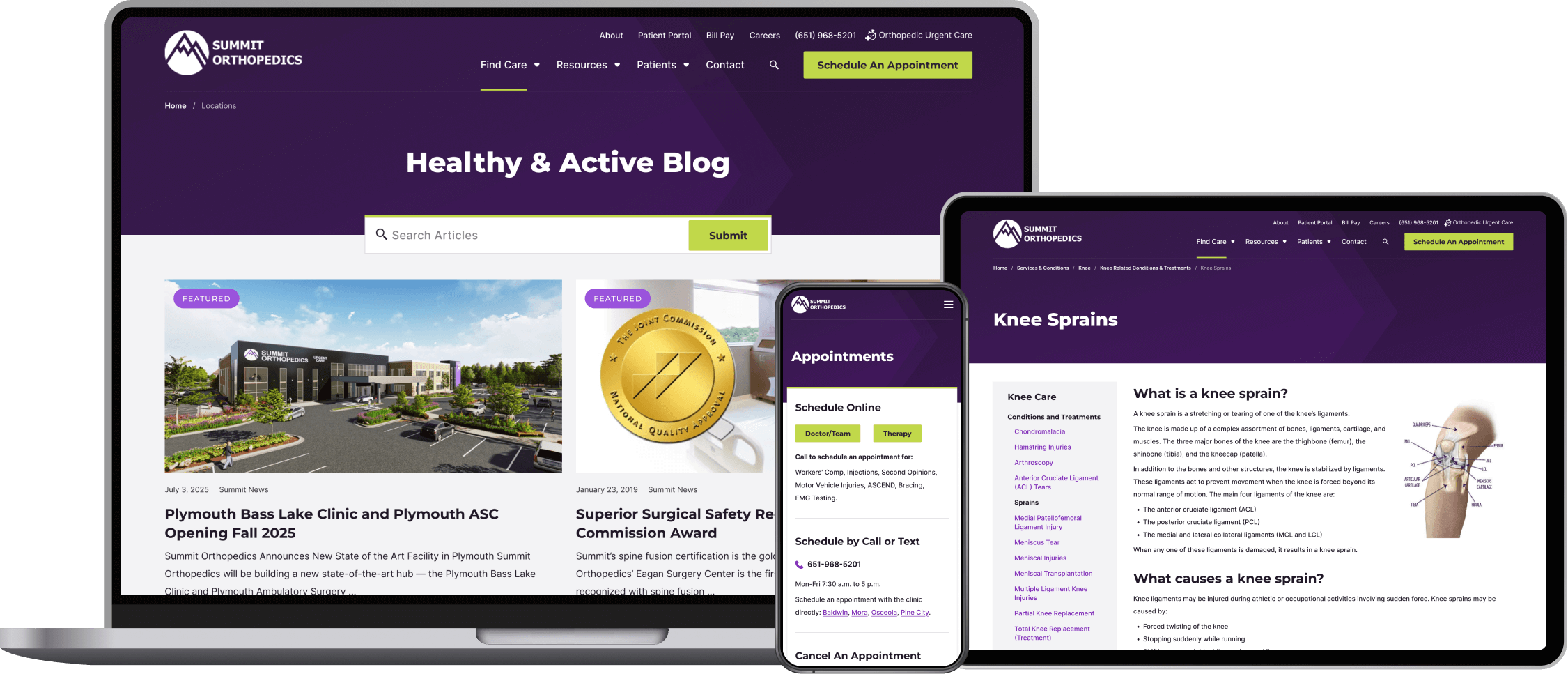 Summit Orthopedics website displayed on multiple devices showing blog, appointment scheduling, and knee sprain information pages.