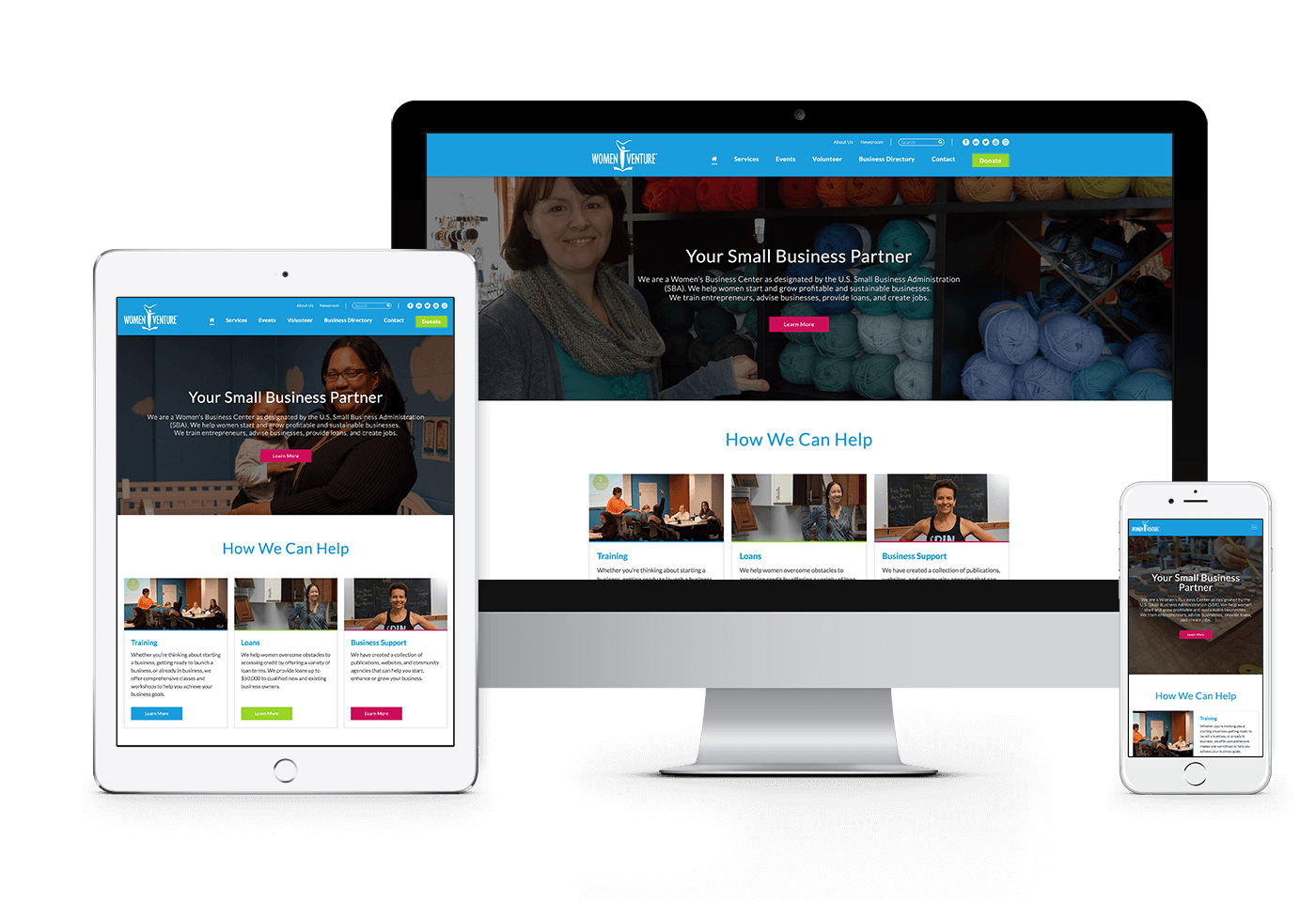 WomenVenture's responsive website on a phone, tablet, and desktop display